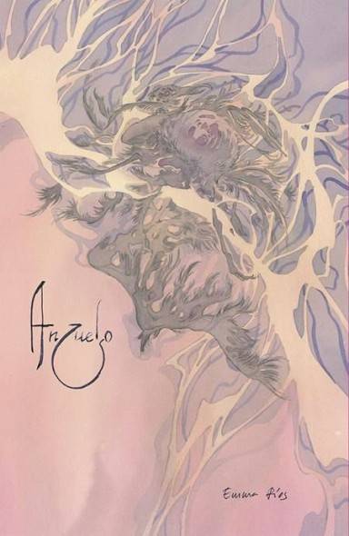 Abstract, pastel-colored artwork featuring intricate organic shapes and patterns, with the word "Anzuelo" and a signature in the bottom right corner.