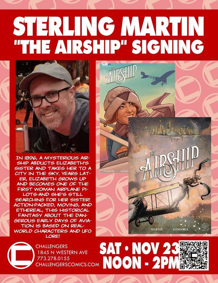 Poster for "The Airship" book signing event by Sterling Martin, featuring a book cover illustration and event details. Event at Challengers, Nov 23, Noon - 2 PM.