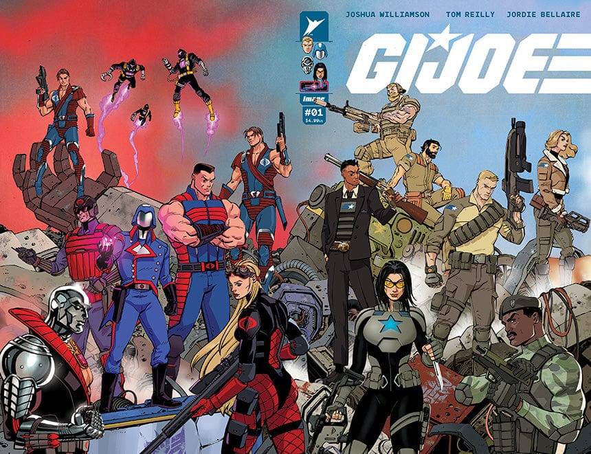 Group of G.I. Joe and Cobra characters in a dynamic comic book cover, with some in action poses and others standing ready.