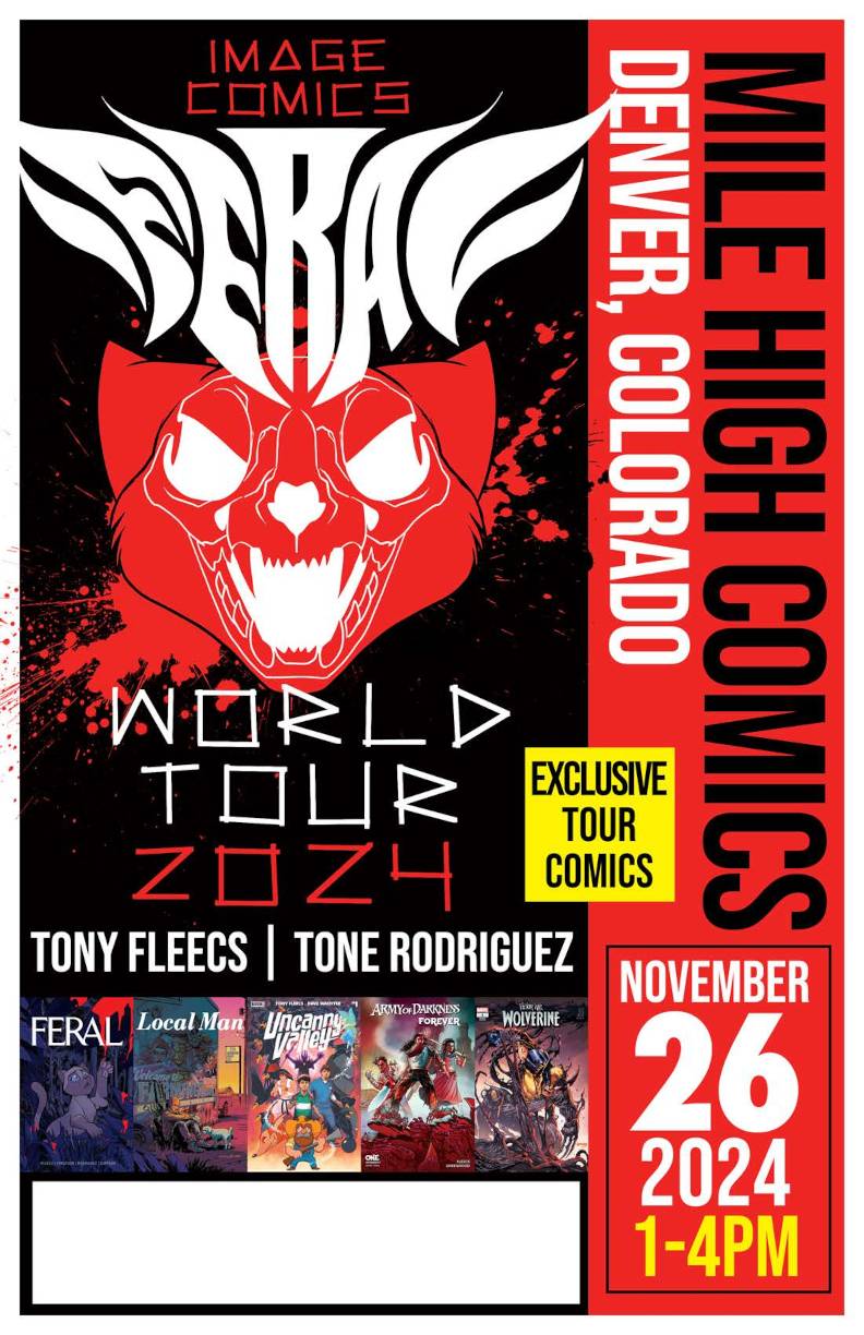 Comic book signing event poster for "Feral World Tour 2024" featuring artists Tony Fleecs and Tone Rodriguez at Mile High Comics, Denver, Colorado, on November 26, 2024, from 1-4 PM.