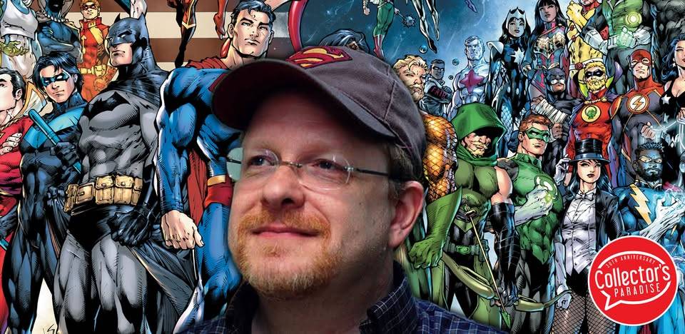 A man wearing a cap with a superhero logo is shown against a colorful background of various comic book superheroes. A logo in the corner reads "Collector's Paradise.