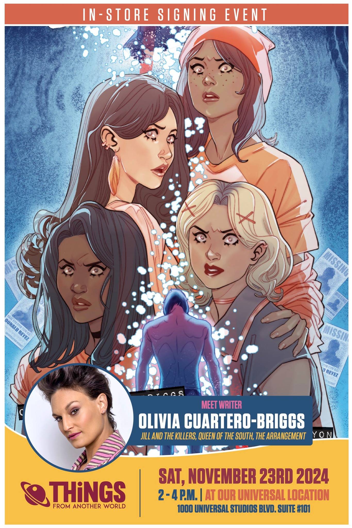 Comic book event poster featuring four illustrated characters around a hooded figure. Includes event details: Olivia Cuartero-Briggs signing, November 23, 2024, at Universal Studios Blvd.