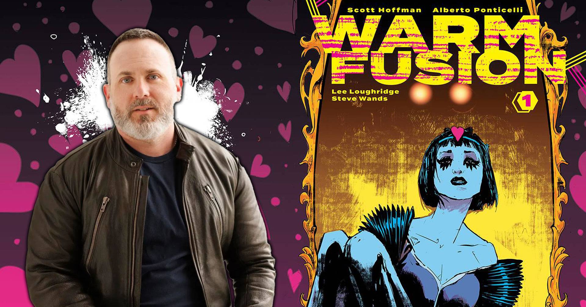 A person in a leather jacket is on the left. On the right is a comic book cover titled "Warm Fusion" with a female character and bright, colorful graphics.
