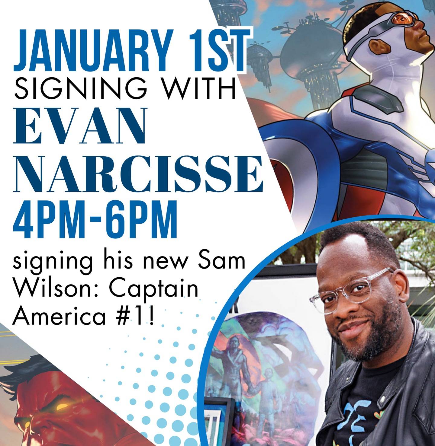Event poster for a book signing with Evan Narcisse on January 1st, 4 PM-6 PM, featuring "Sam Wilson: Captain America #1".