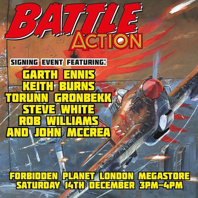 Battle Action signing event poster with details of featured guests and date: 14th December, 3pm-4pm, at Forbidden Planet London Megastore.