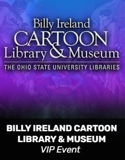 Poster for the Billy Ireland Cartoon Library & Museum VIP Event, featuring a vibrant purple and blue gradient background.