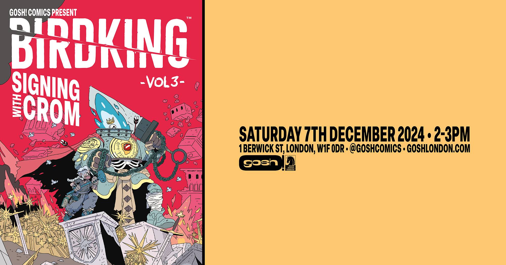 Comic book signing event poster featuring "Birdking Vol 3" at Gosh! Comics on 7th December 2024, 2–3 PM, with artwork of a mechanical creature holding weapons.