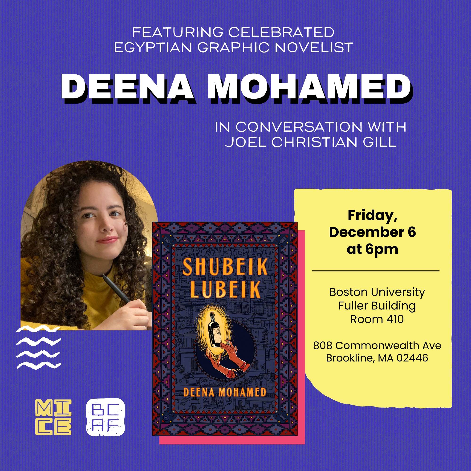 Promotional image for an event featuring Deena Mohamed discussing "Shubeik Lubeik" on December 6 at Boston University, with a portrait of the author.