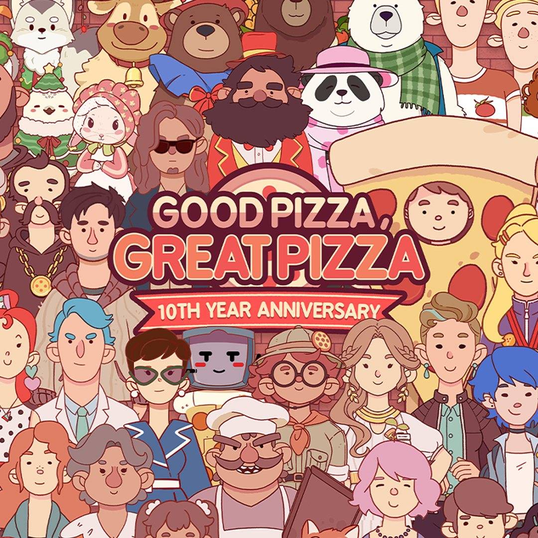 Cartoon characters gathered around "Good Pizza, Great Pizza" 10th Anniversary sign.