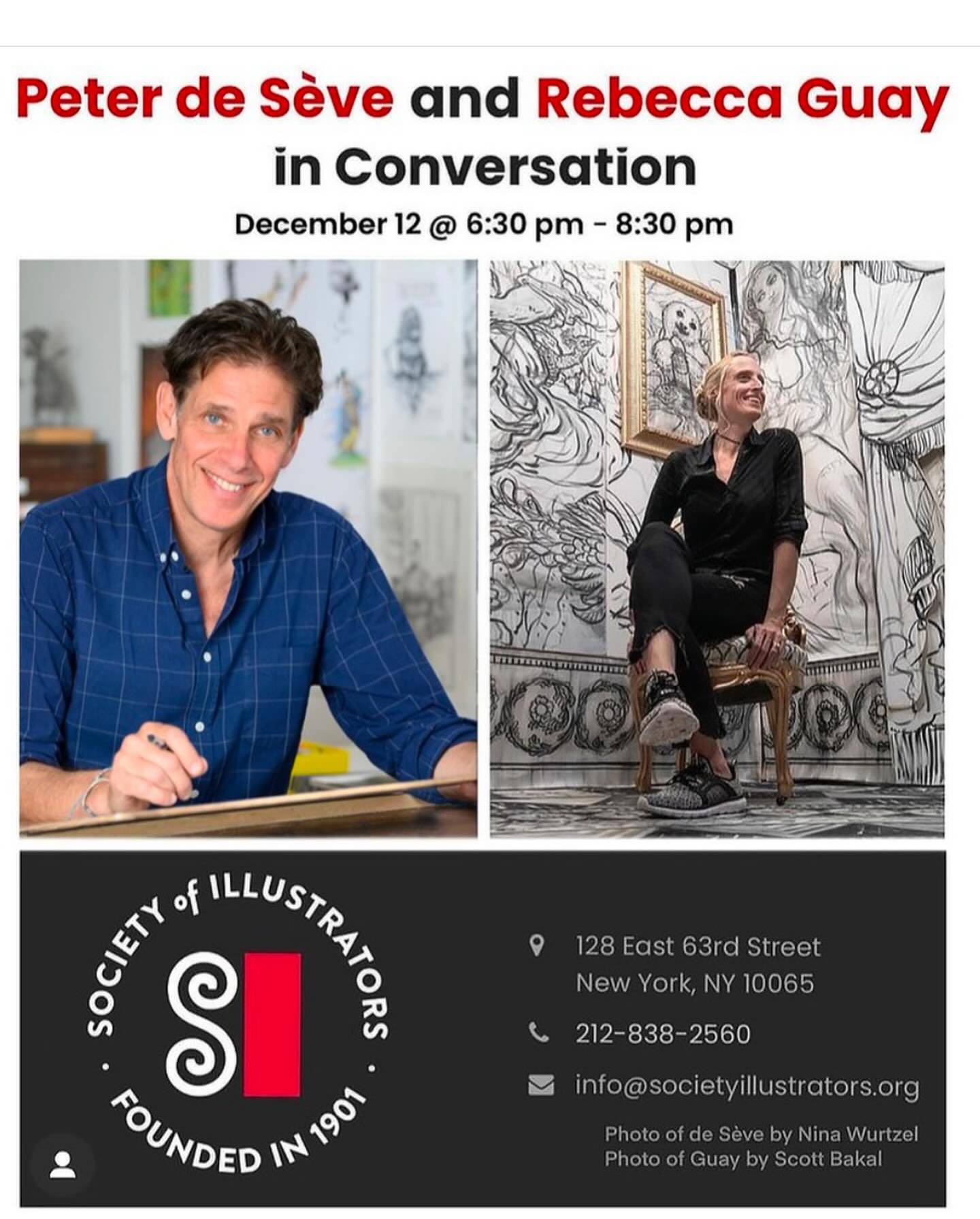Flyer for an event titled "Peter de Sève and Rebecca Guay in Conversation" on December 12, 6:30-8:30 pm, at the Society of Illustrators, New York. Contact details included.