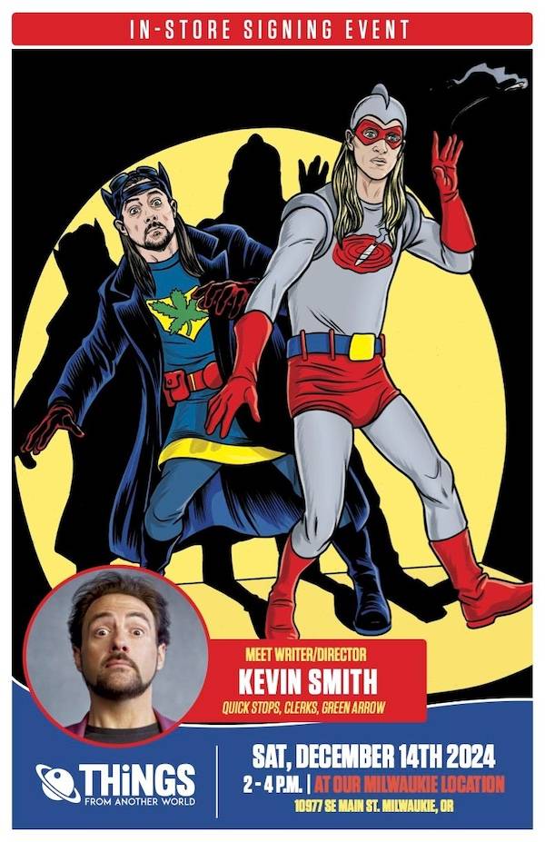 Comic book-style illustration of two superheroes. Event details at the bottom highlight an in-store signing with Kevin Smith on December 14th, 2024, from 2-4 PM at a Milwaukie location.