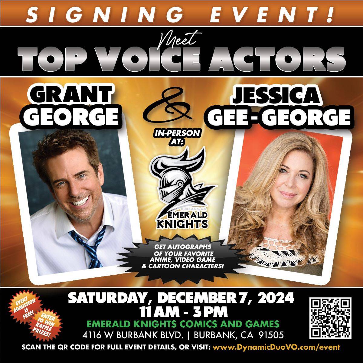 Poster for a signing event with voice actors on December 7, 2024, at Emerald Knights Comics and Games in Burbank, CA, from 11 AM to 3 PM.