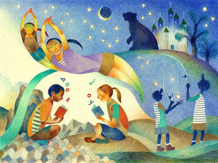 Children reading and jumping rope under a starry sky, with floating rainbow trails, a bear constellation, and a castle in the background.