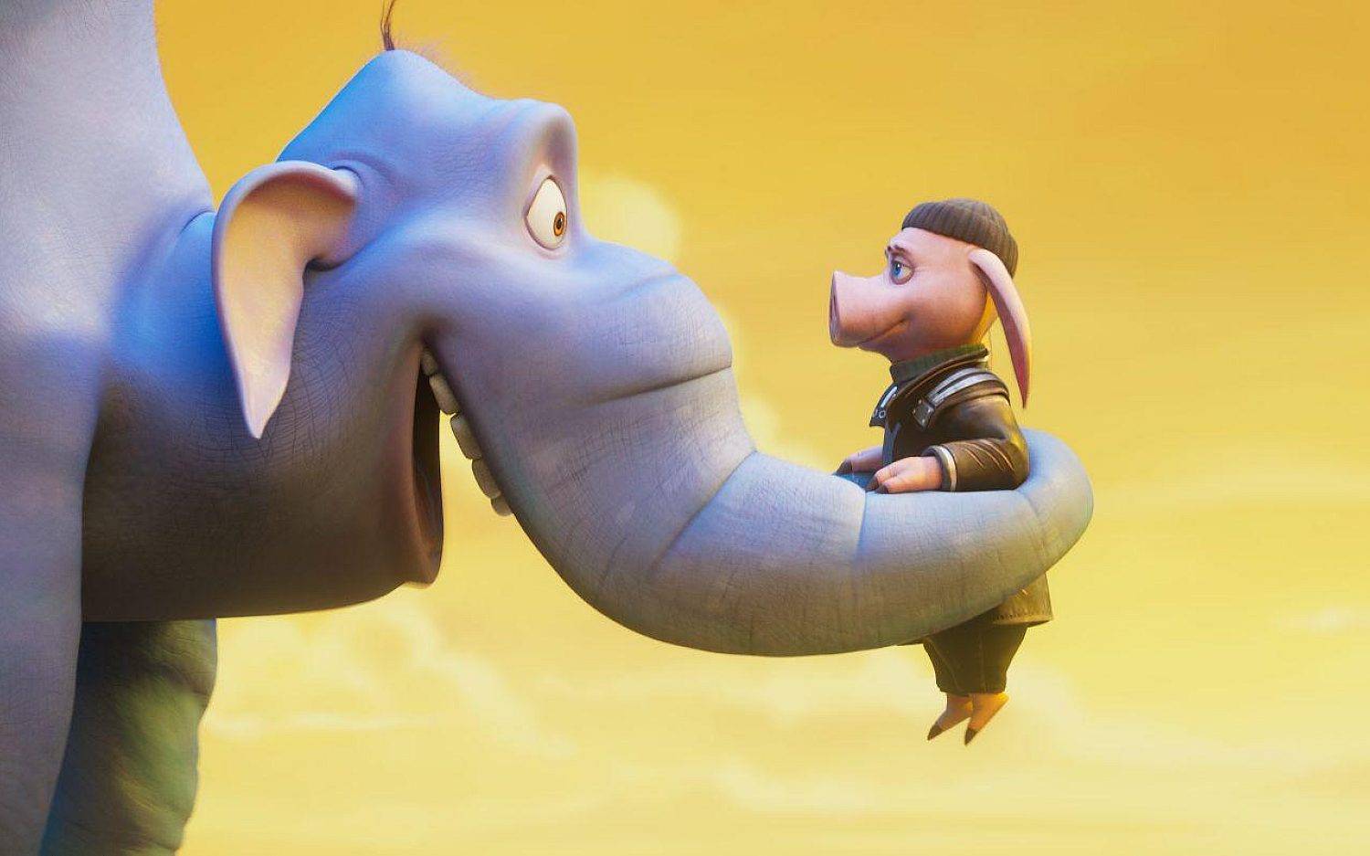 A blue elephant holding a pig character with an intense gaze against a yellow sky.