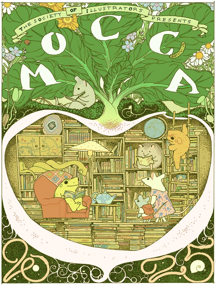 Illustration of animals reading in a library with a tree above. Text reads "The Society of Illustrators Presents MOCCA.