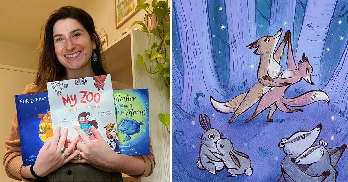 A person holding children's books next to an illustration of animals dancing in a forest.
