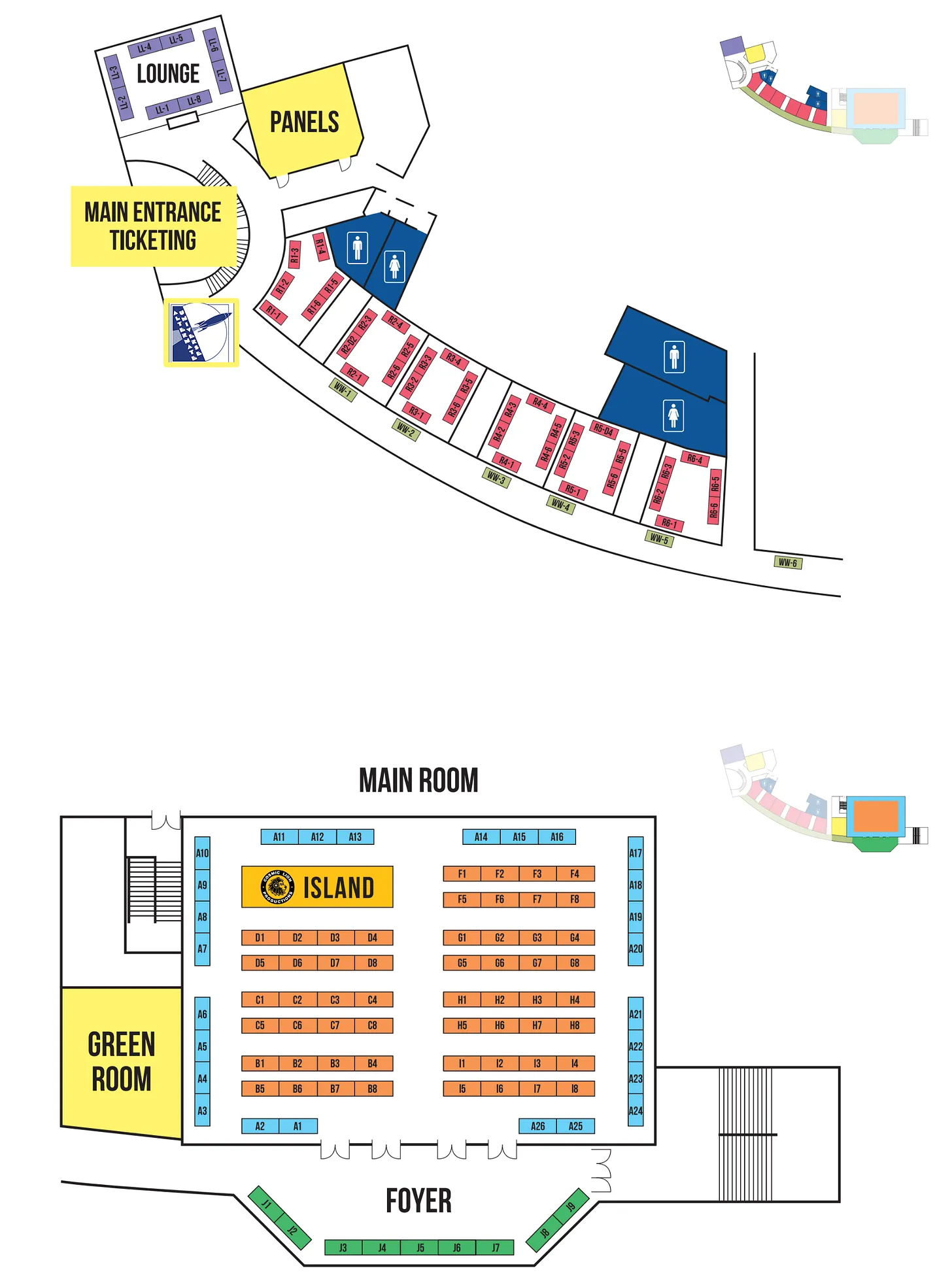 Map of a convention layout includes areas like lounge, panels, main entrance, ticketing, main room, green room, island, and restroom locations.