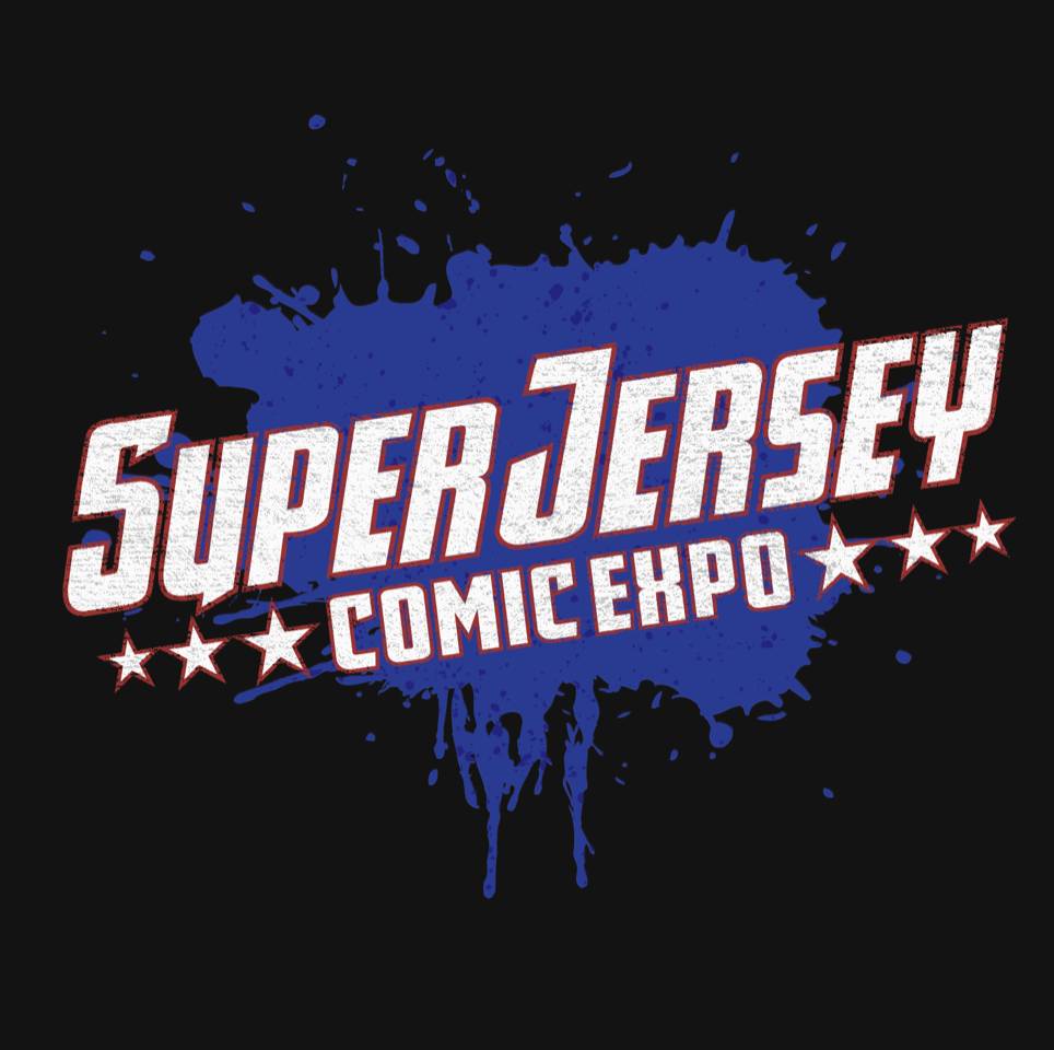 Super Jersey Comic Expo logo with white text and a blue paint splatter background on a black surface.