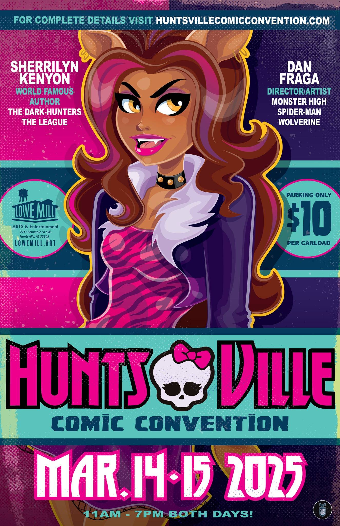 Illustrated poster for Huntsville Comic Convention on March 14-15, 2025. Features a cartoon character and highlights speakers and ticket details. Parking is $10 per carload.
