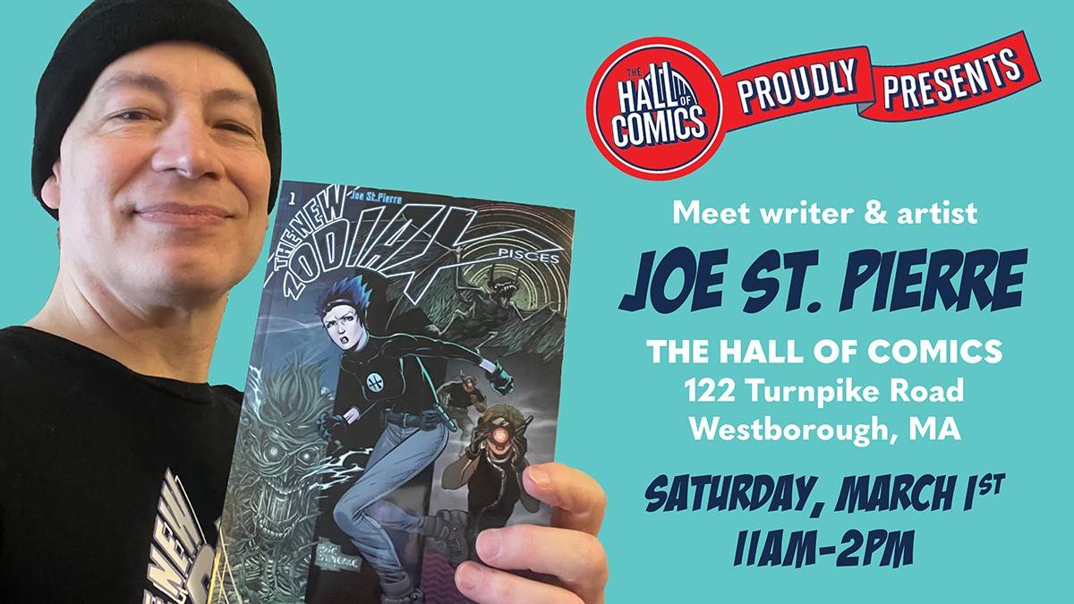 A person holding a comic book titled "Fabien Cousteau's Ocean" stands next to event details for meeting Joe St. Pierre at The Hall of Comics in Westborough, MA, on Saturday, March 1st.
