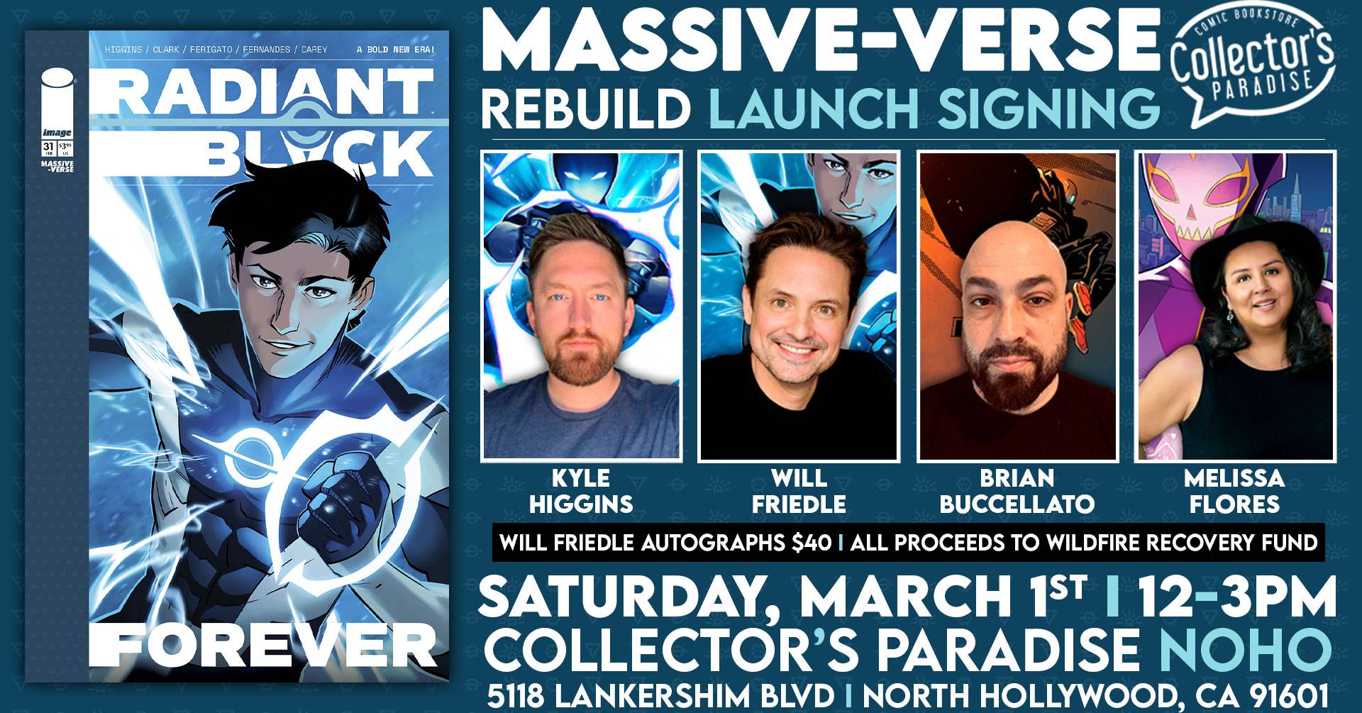 Promo poster for "Radiant Black" signing event with Kyle Higgins, Will Friedle, Brian Buccellato, and Melissa Flores at Collector’s Paradise, North Hollywood, on March 1st, 12-3 PM.