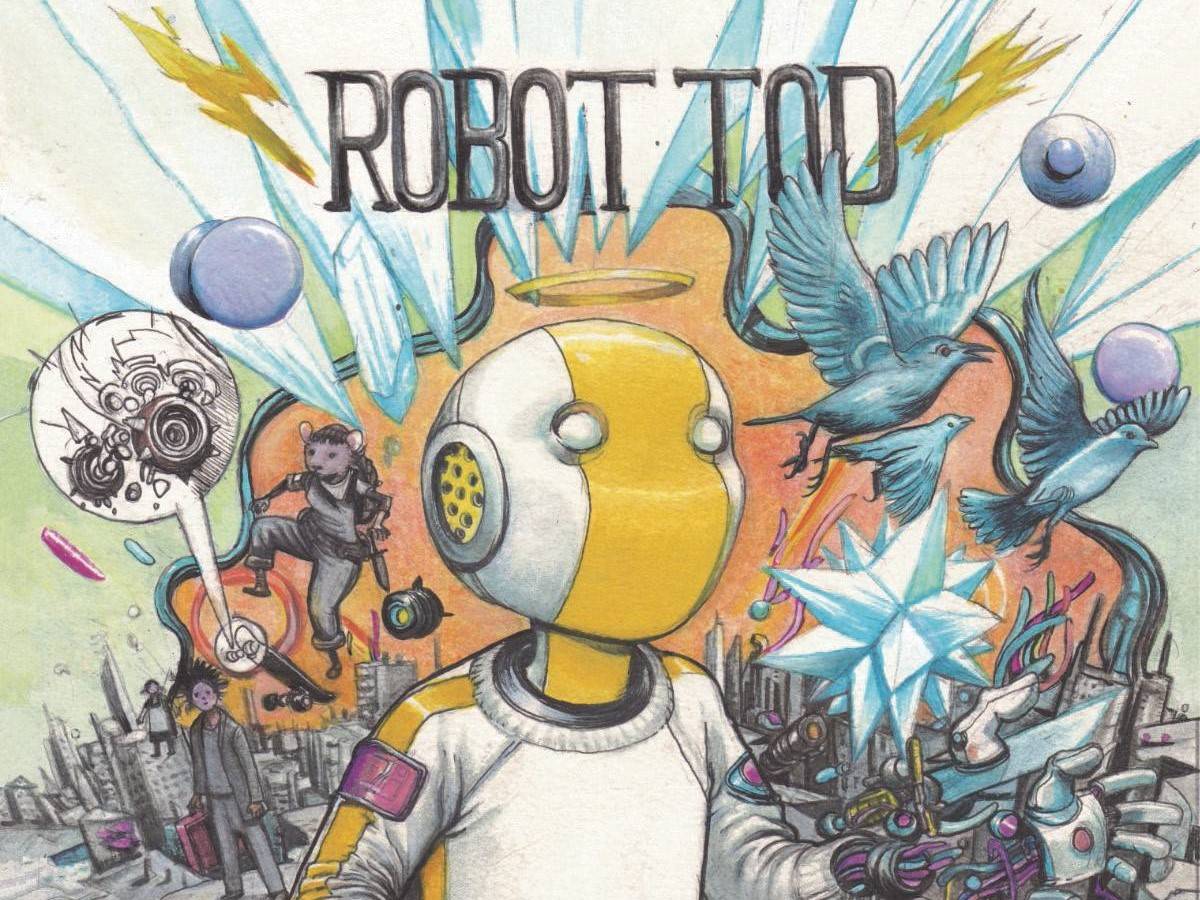 A robot with a yellow face stands in a futuristic cityscape, surrounded by birds, a person, and colorful energy beams. "ROBOT ZOD" is written at the top.