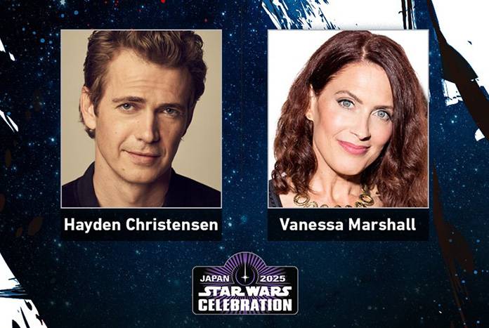 Two headshots: a man labeled Hayden Christensen and a woman labeled Vanessa Marshall. Text below reads "Japan 2025 Star Wars Celebration.