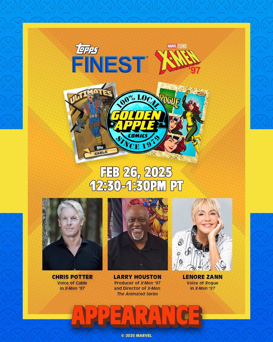 Promotional poster for an event on February 26, 2025, featuring Chris Potter, Larry Houston, and Lenore Zann. Includes artwork from X-Menʼ97 and comic book images.