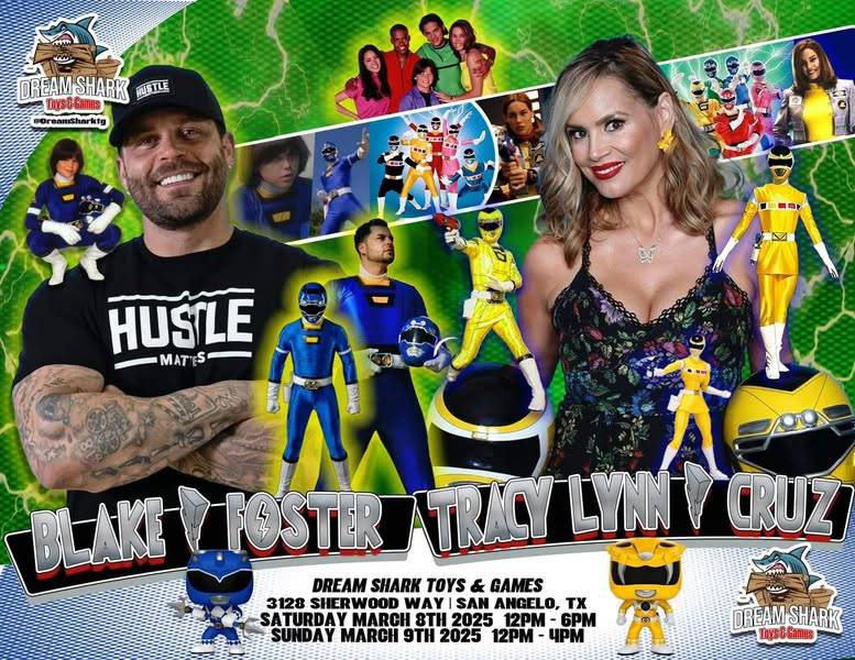 Collage poster for a Dream Shark Toys & Games event featuring a man and a woman with Power Rangers imagery. Dates: March 8-9, 2025, in San Angelo, TX.