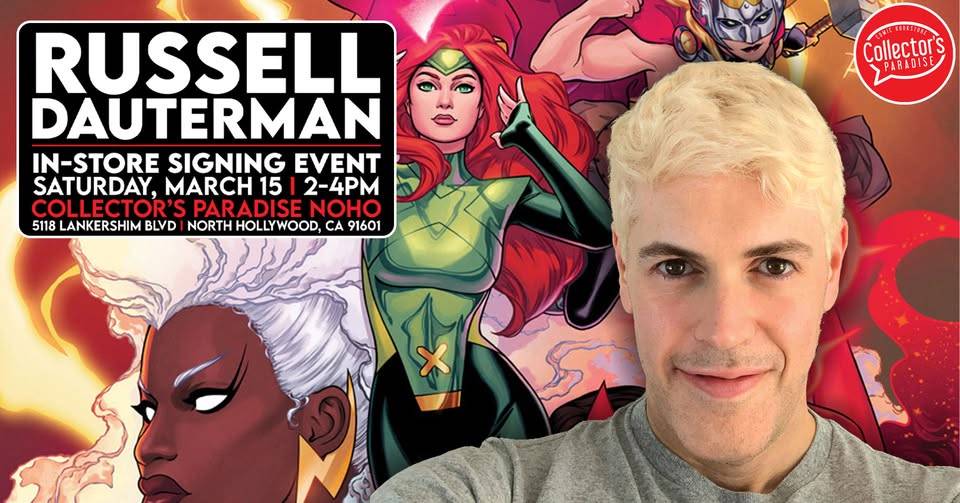 Promotional image for an in-store signing event with an individual in front, comic book characters in the background, and event details listed.