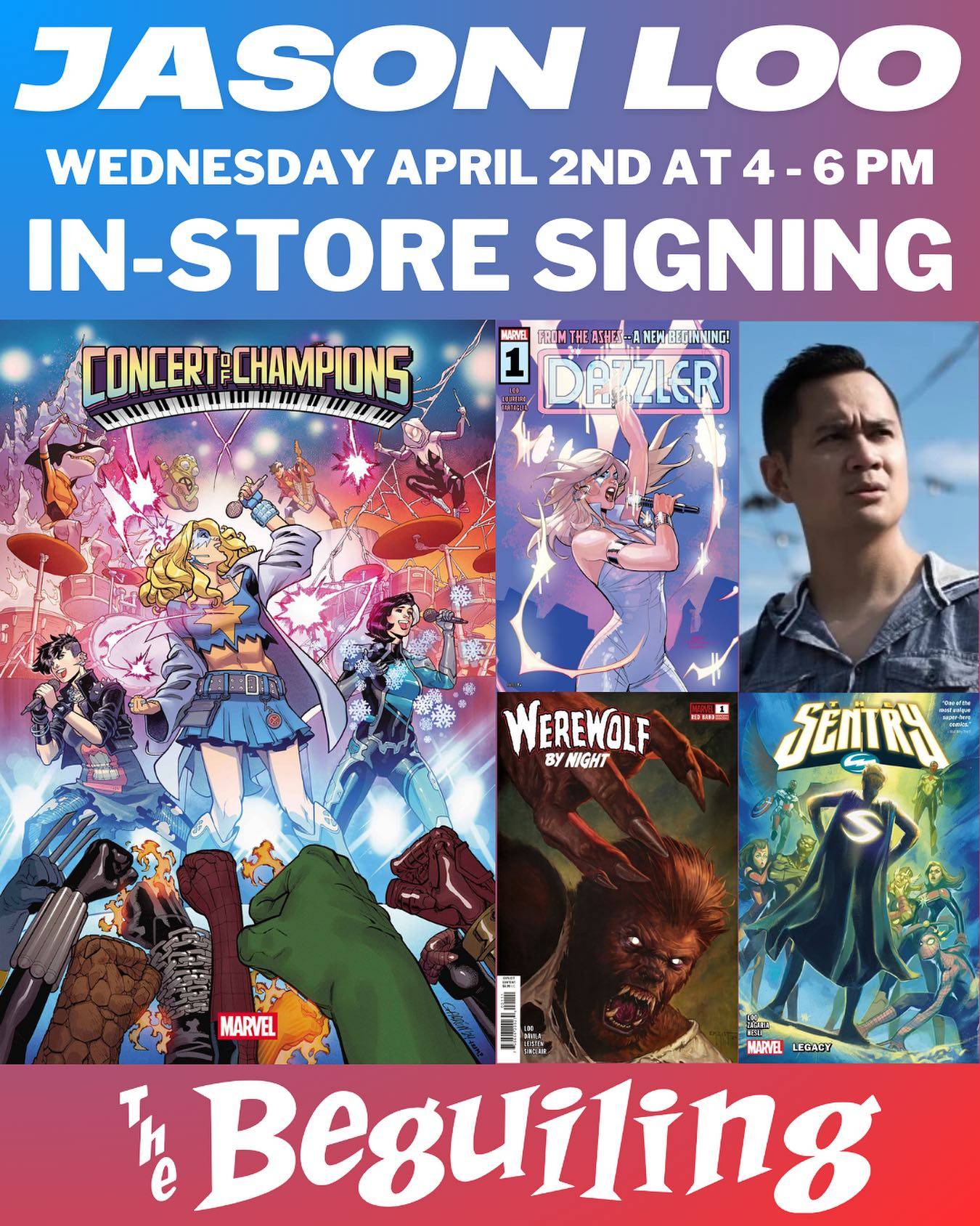 Promotional poster for an in-store signing event featuring comic book covers and a person standing outdoors, scheduled for April 2nd, 4-6 PM at The Beguiling.