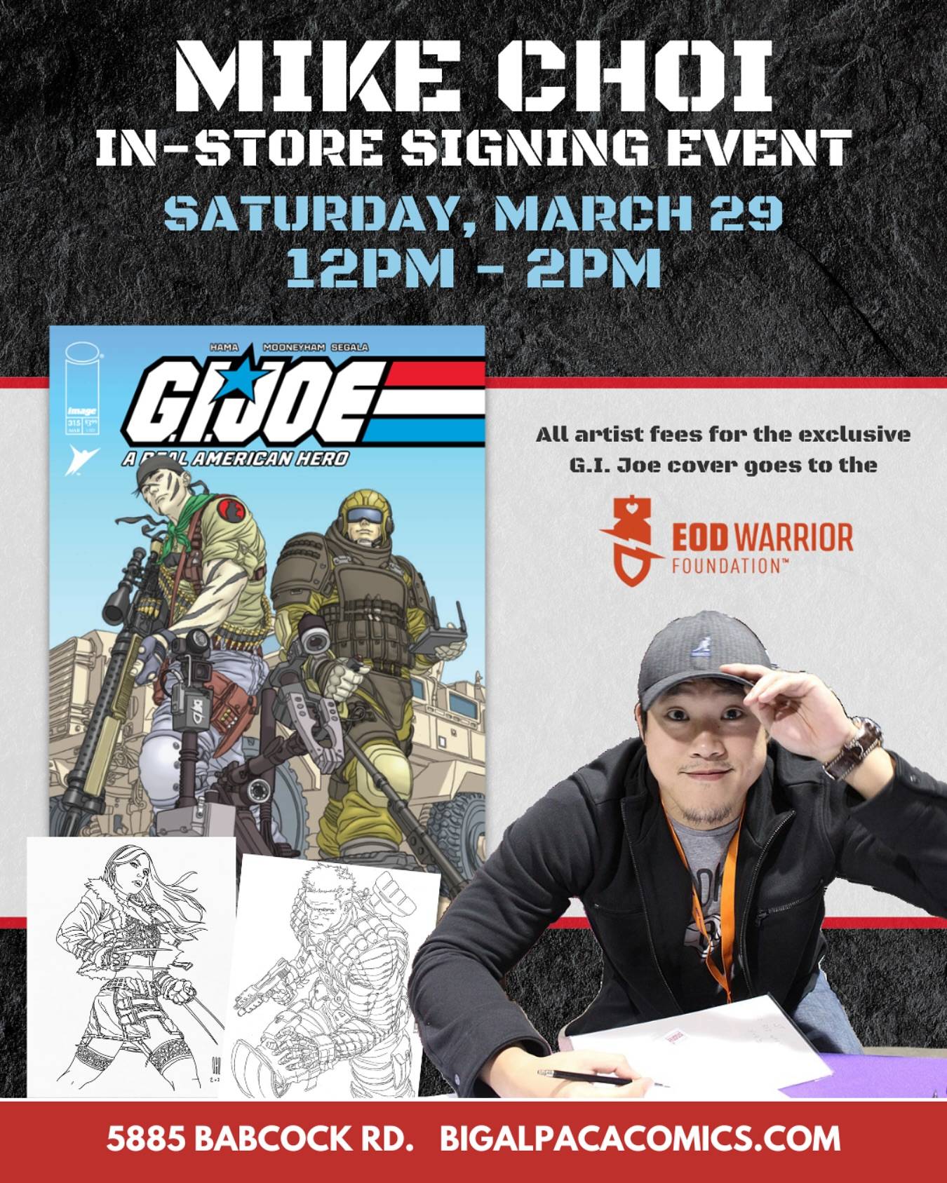 Promotional poster for Mike Choi's in-store signing event on Saturday, March 29, 12pm-2pm, featuring G.I. Joe artwork. Proceeds go to the EOD Warrior Foundation. Location: Big Alpaca Comics.