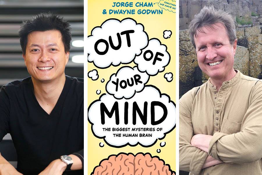 Split image: a smiling man in a black shirt on the left, a book titled "Out of Your Mind" in the center, and another smiling man in a beige shirt on the right, standing outdoors.