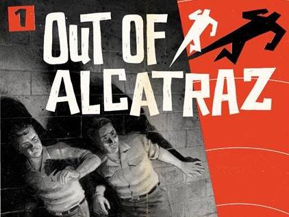 Vintage comic book cover titled "Out of Alcatraz" featuring two men escaping with stylized figures and bold text.