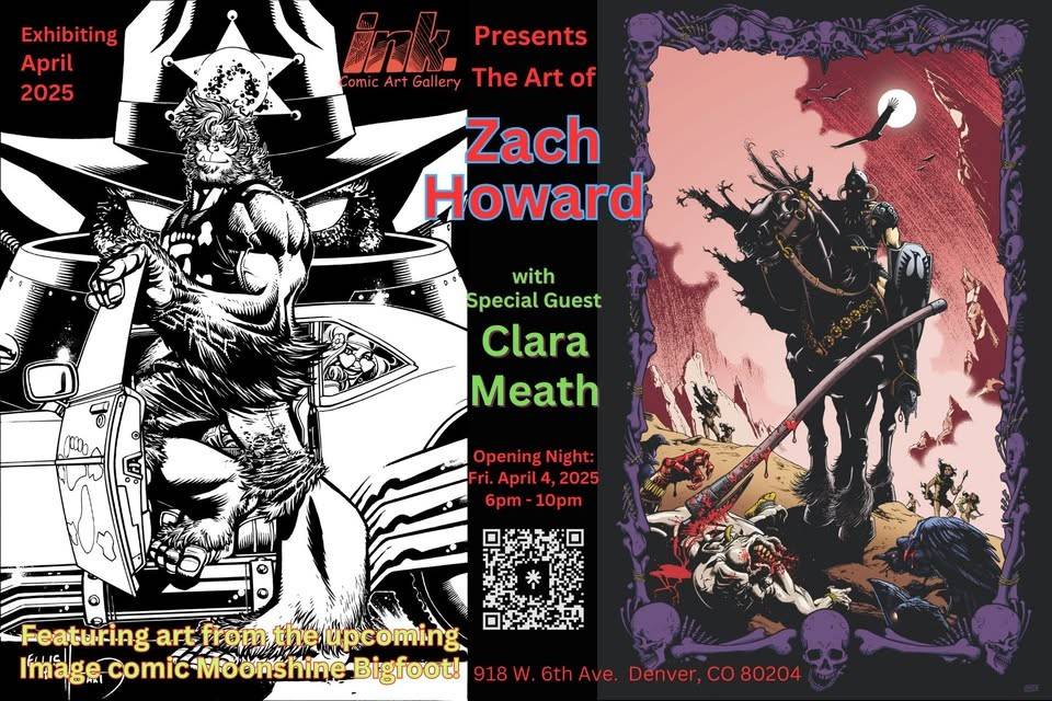Dual-art poster for Zach Howard's exhibit in April 2025. Left: black-and-white superhero art. Right: colored fantasy scene with a demon on horseback. Event details and special guest Clara Meath included.
