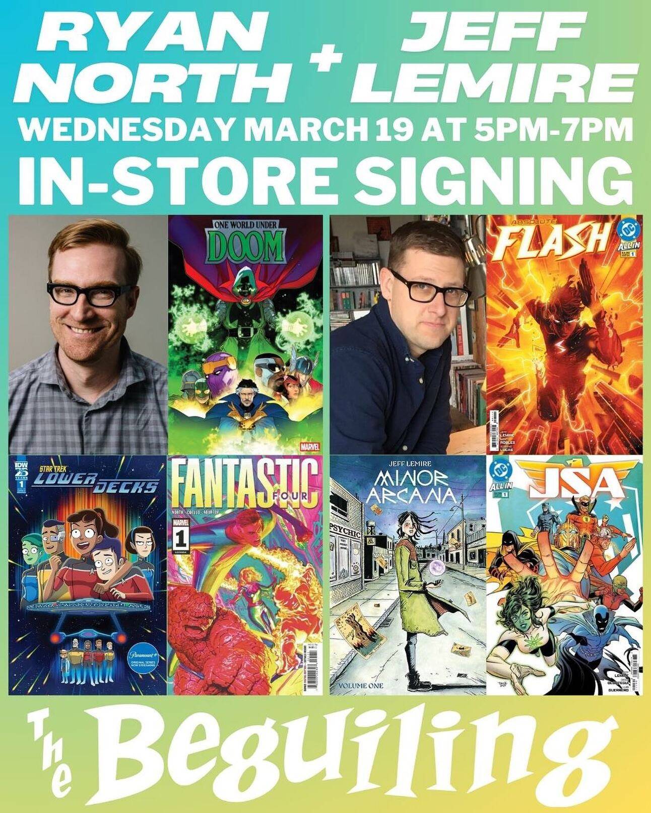 Two authors are shown alongside several comic book covers. Text details an in-store signing event on Wednesday, March 19, from 5 PM to 7 PM at The Beguiling.