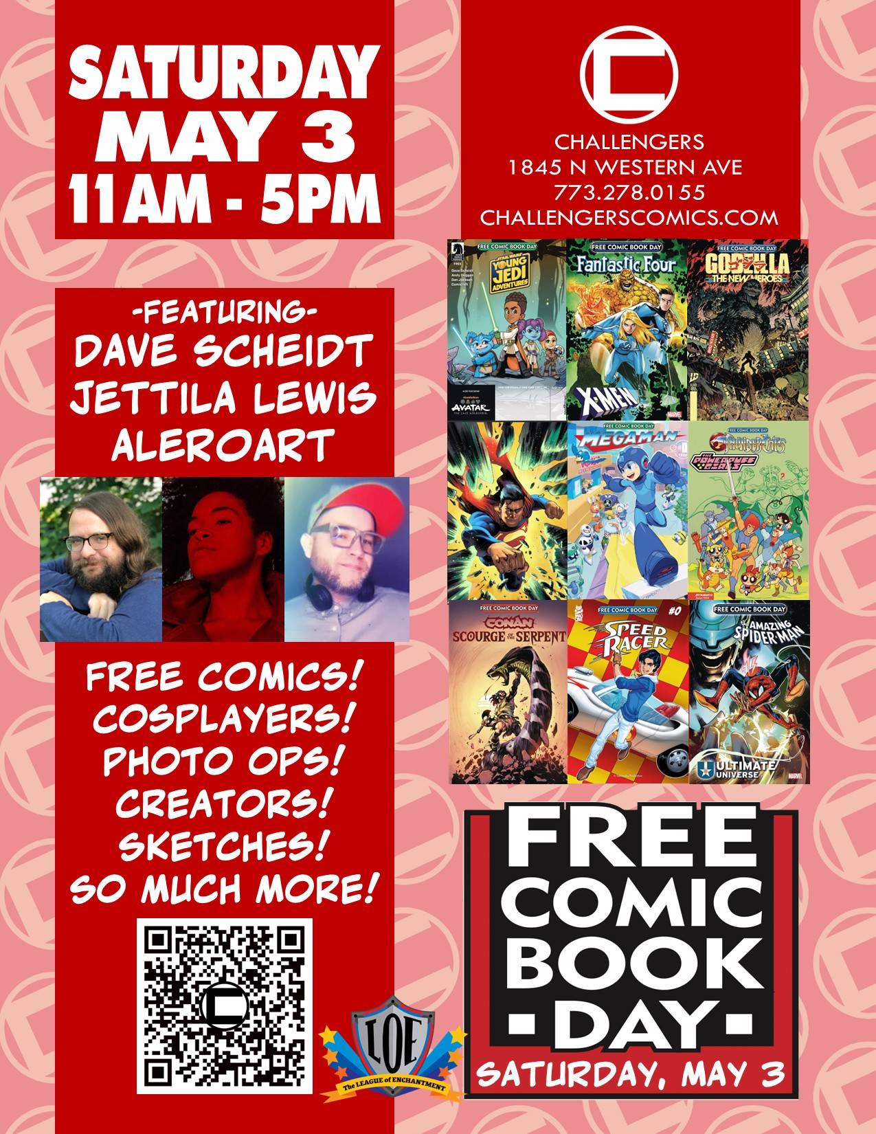 Flyer for Free Comic Book Day at Challengers Comics on Saturday, May 3, 11AM–5PM, featuring guests, free comics, cosplayers, photo ops, sketches, and event details.