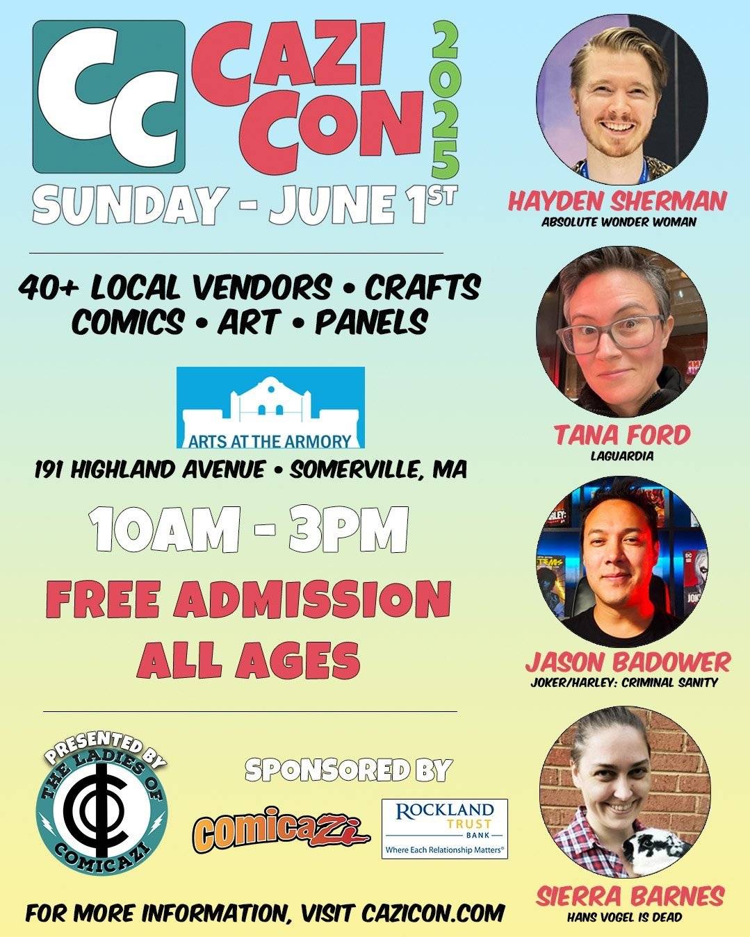 Cazi Con event flyer with date, time, location, featured guests, sponsor logos, and details about free admission and activities for all ages.