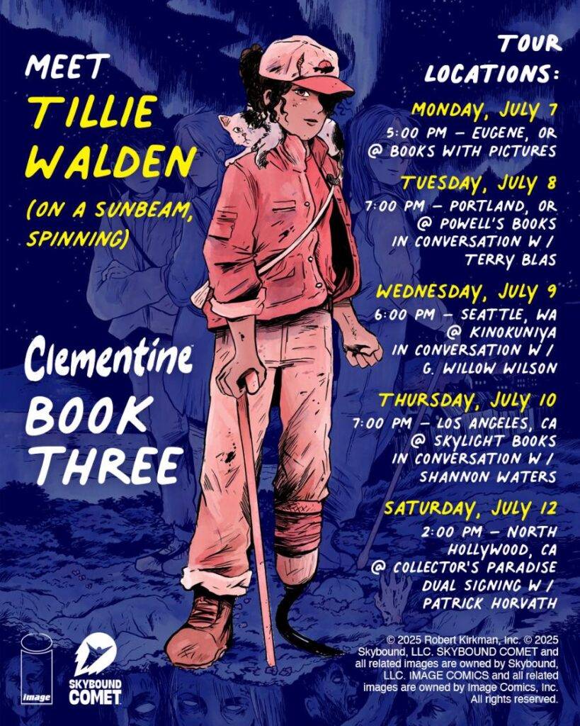 Illustrated poster for author Tillie Walden's "Clementine Book Three" tour, listing dates, times, and locations for events in July.
