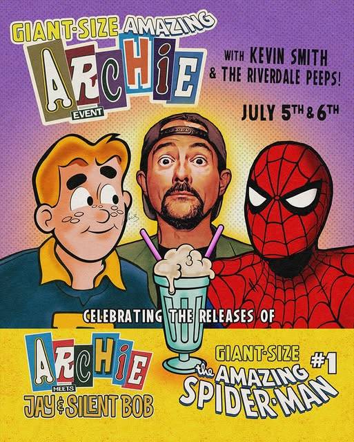 Poster featuring Archie, Kevin Smith, and Spider-Man promoting a comic event on July 5th and 6th for Archie Meets Jay & Silent Bob and Giant-Size The Amazing Spider-Man #1.