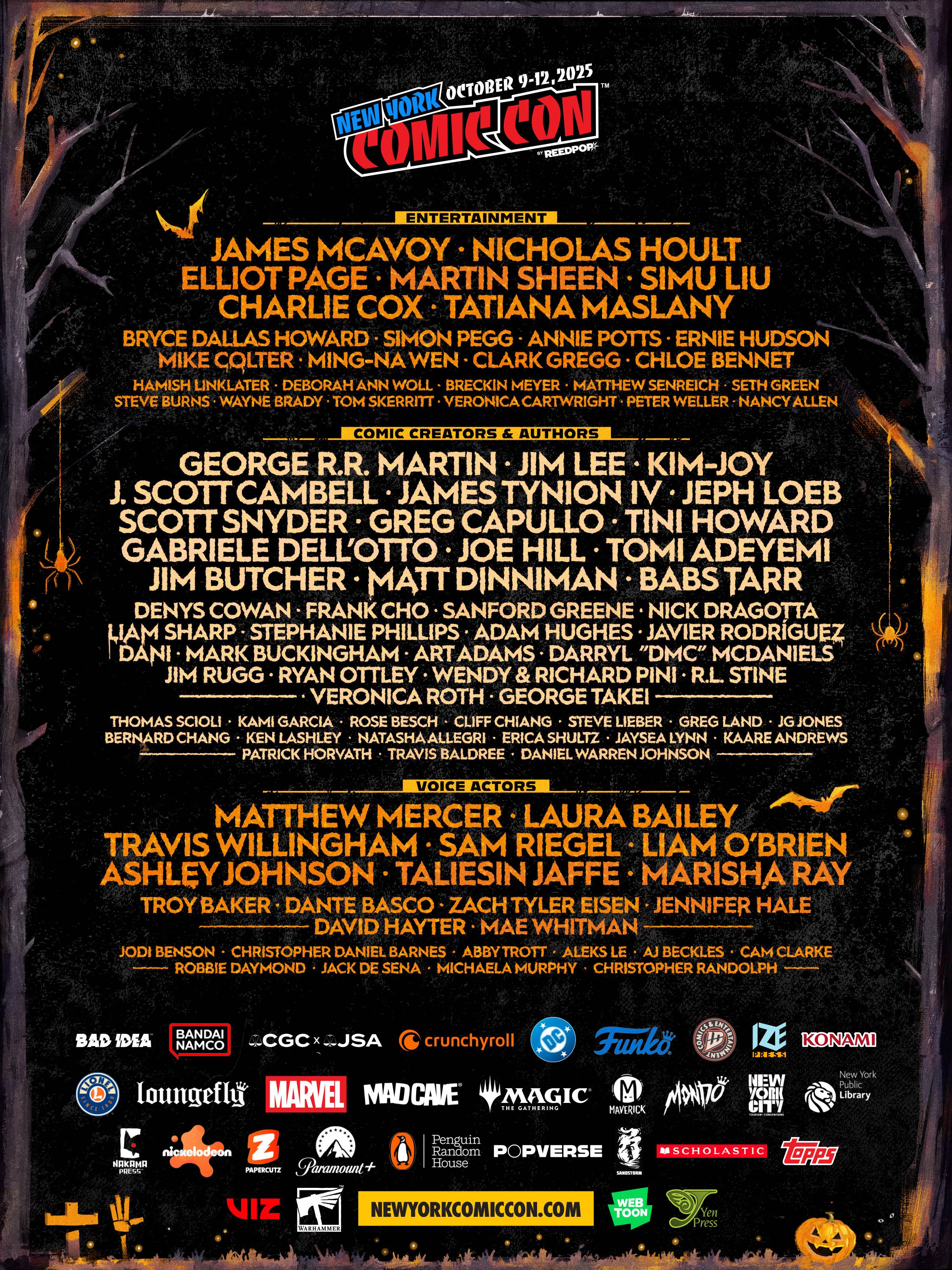 New York Comic Con 2025 guest announcement poster featuring a list of celebrity guests, creators, and event sponsors on a Halloween-themed background.