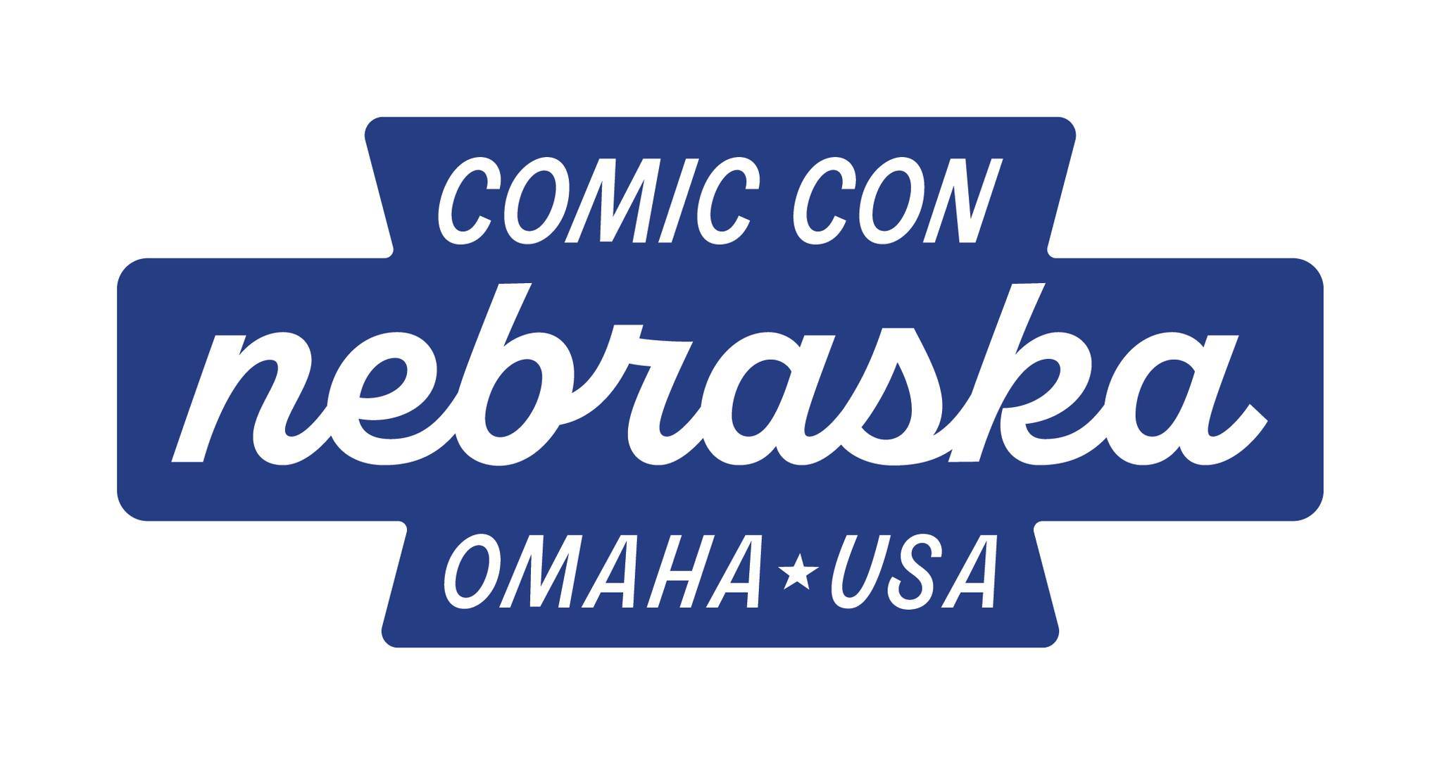 Blue and white logo with the text "Comic Con Nebraska Omaha USA" in bold and script fonts.