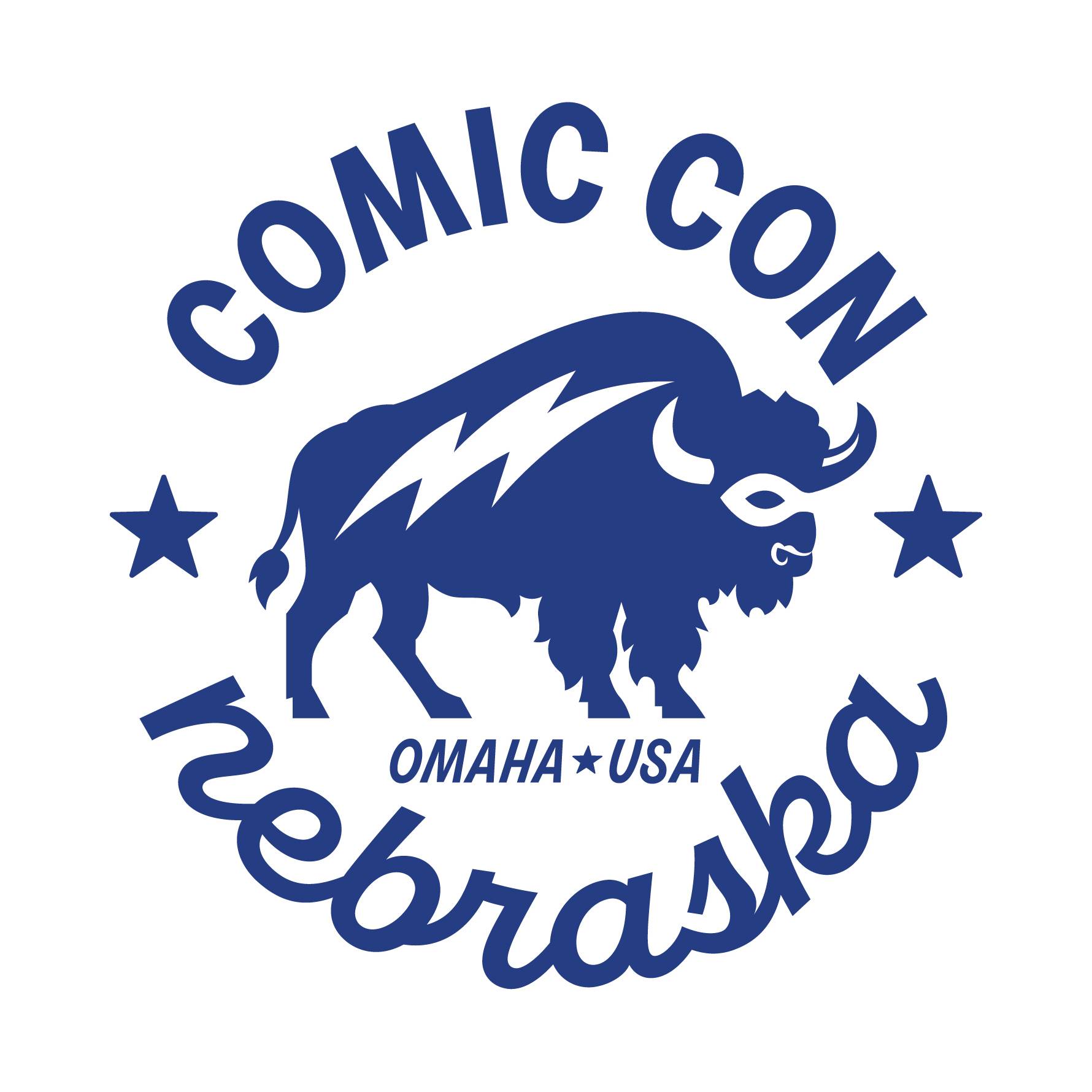 Blue and white logo for Comic Con Nebraska featuring a stylized bison with a lightning bolt, stars, and the text "Omaha USA, Comic Con Nebraska.