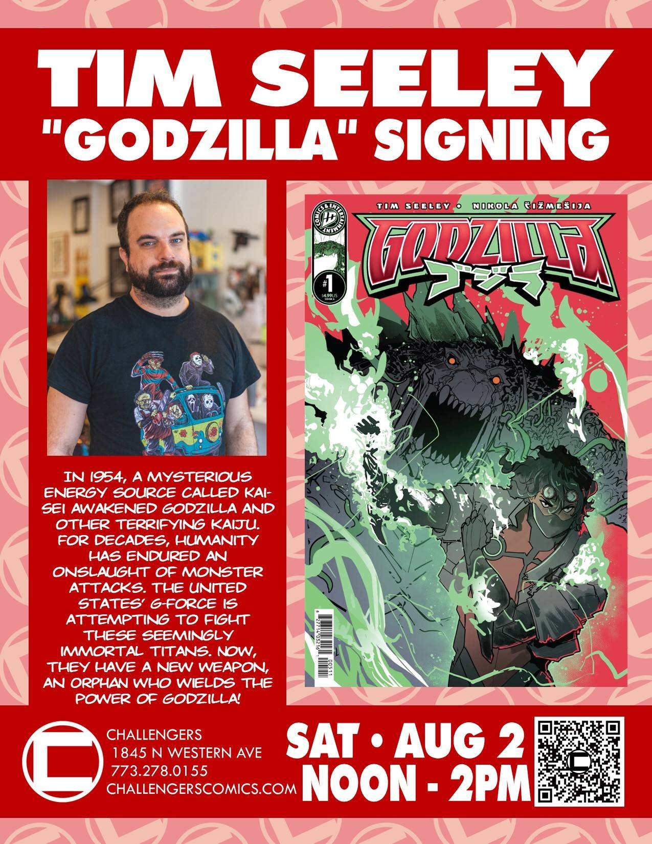 Promotional poster for a Tim Seeley “Godzilla” comic book signing event, featuring Seeley’s photo, a comic cover, event details, and a brief synopsis about Godzilla.