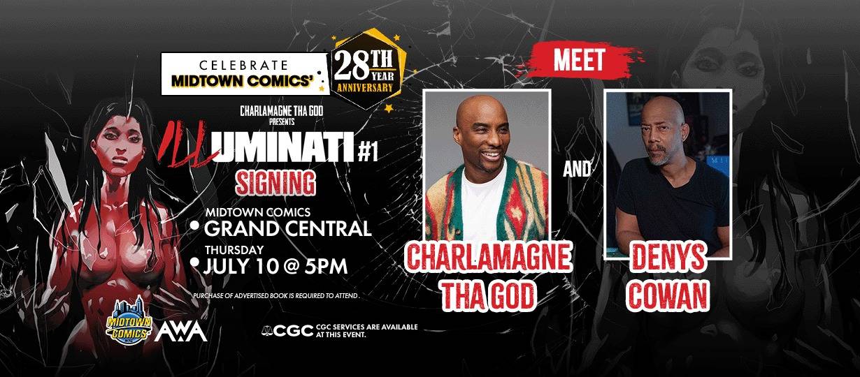 Promotional banner for a "Liminati #1" signing event with Charlamagne Tha God and Denys Cowan at Midtown Comics Grand Central on July 10 at 5pm.