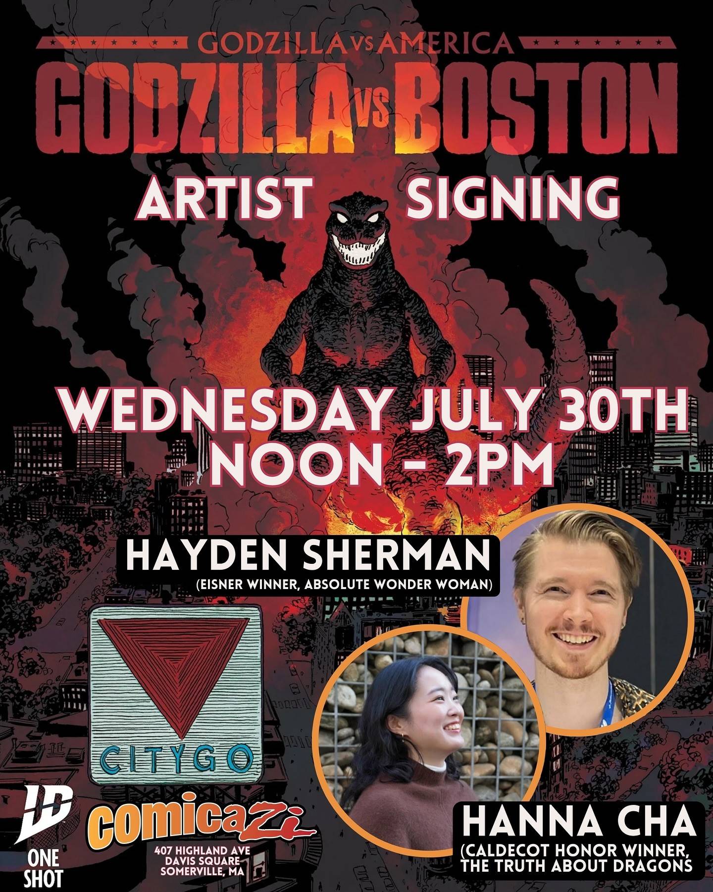 Poster for "Godzilla vs Boston" artist signing event with Haydn Sherman and Hanna Cha on Wednesday, July 30th, noon to 2pm, at CityGo, Somerville, MA.