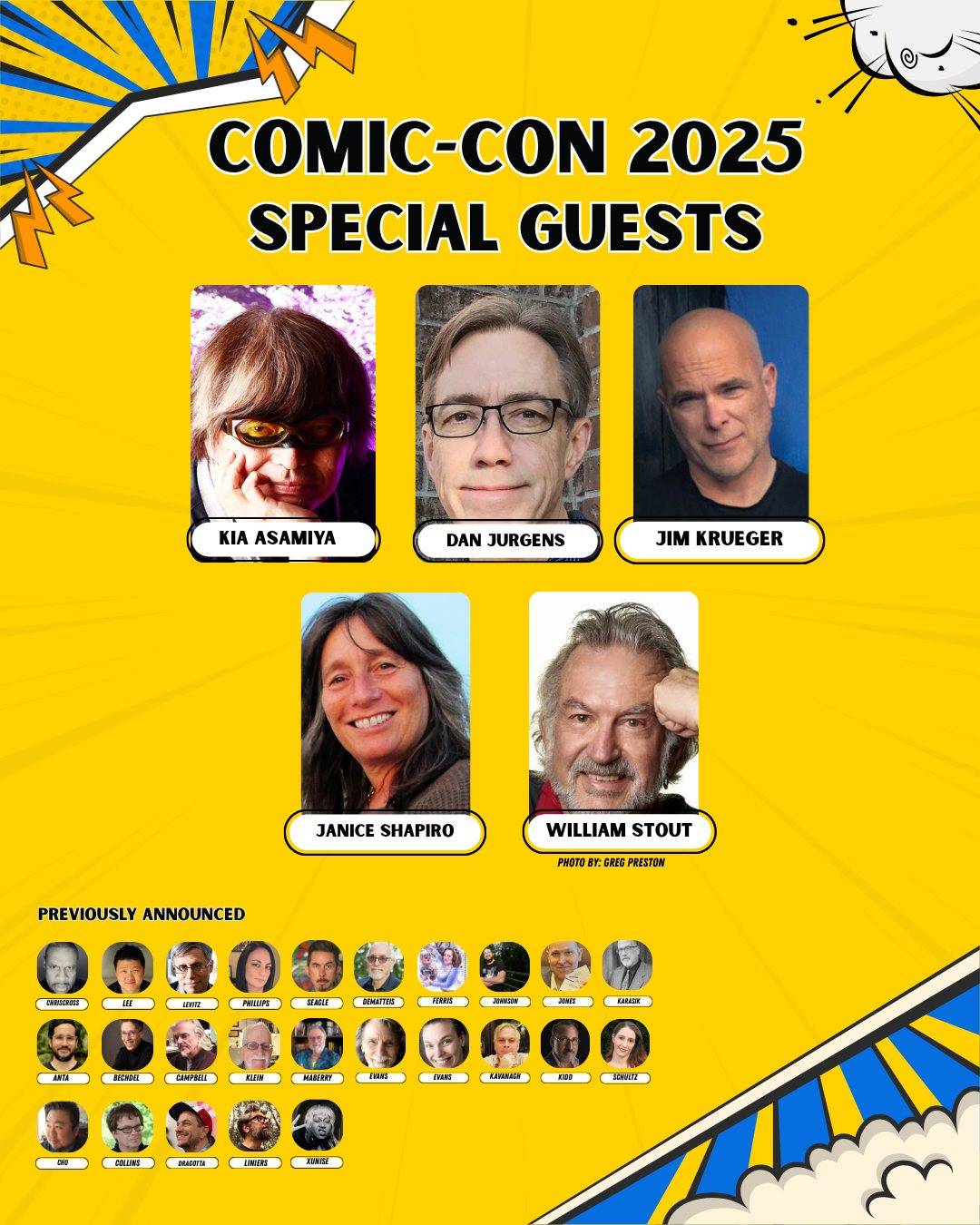 Comic-Con 2025 Special Guests poster featuring photos and names of Kia Asamiya, Dan Jurgens, Jim Krueger, Janice Shapiro, William Stout, and a row of previously announced guests.
