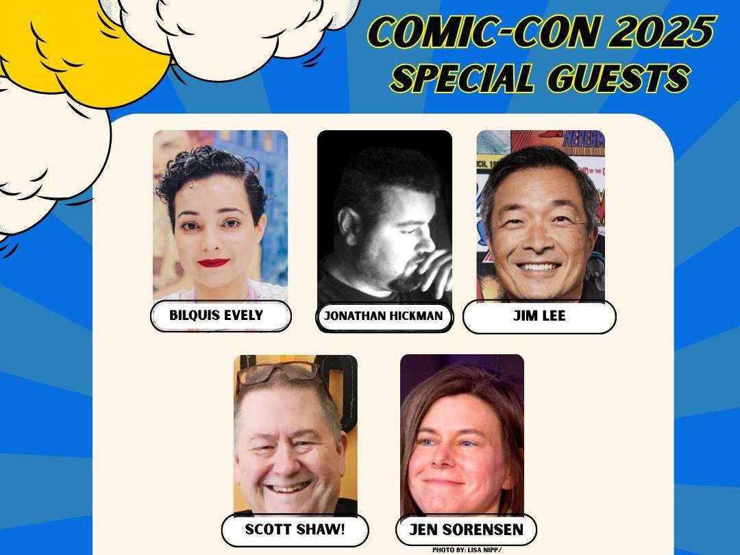 Comic-Con 2025 special guests: portraits of Bilquis Evely, Jonathan Hickman, Jim Lee, Scott Shaw!, and Jen Sorensen are shown with their names below each photo.
