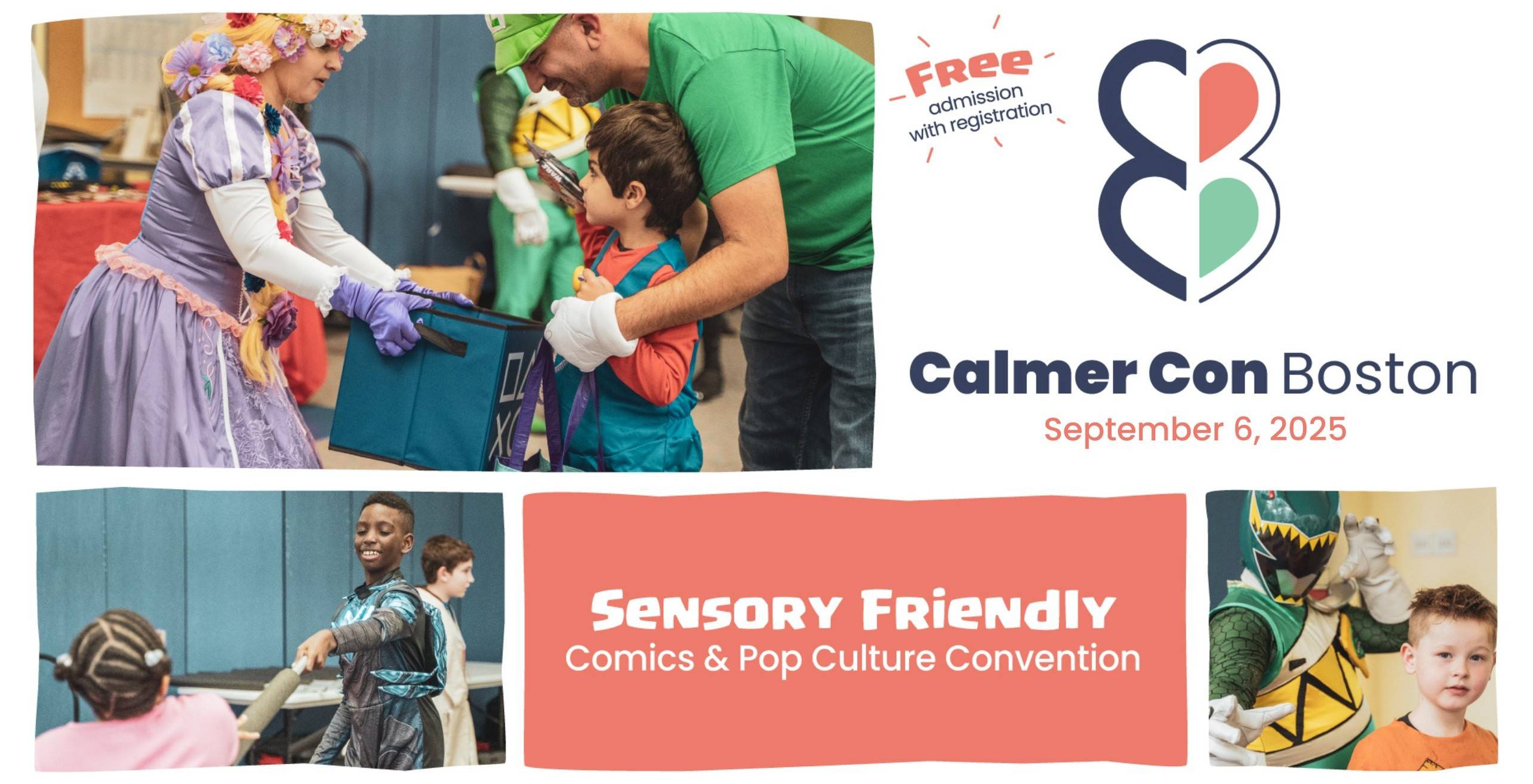 A sensory-friendly comics and pop culture convention in Boston with costumed characters interacting with children; event date is September 6, 2025, and admission is free with registration.