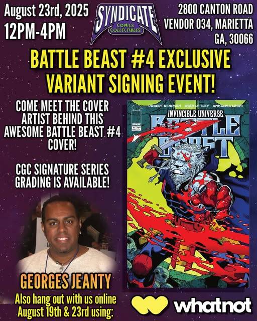 Promotional flyer for a Battle Beast #4 variant signing event on August 23, 2025, featuring cover artist Georges Jeanty and the comic’s cover art.